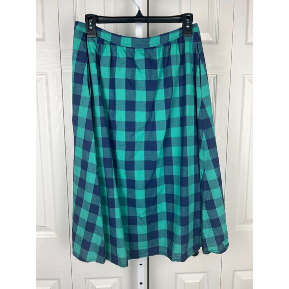 Vintage Button Front Walbusch Plaid A-line midi skirt blue green pockets Size 8 - Picture 7 of 8